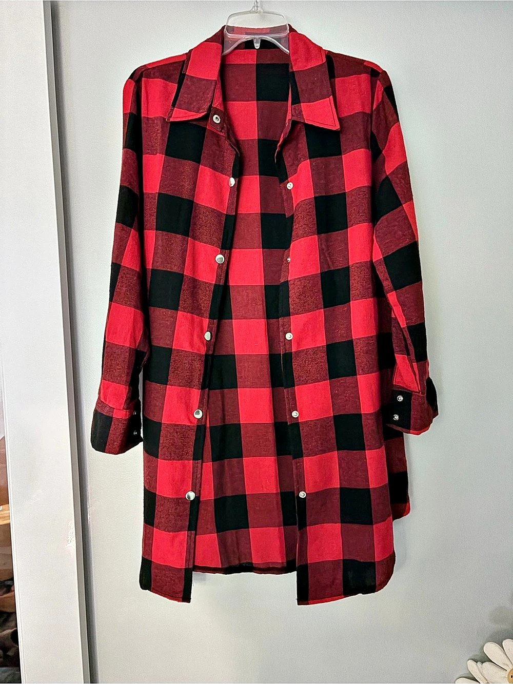 Evaless Red Buffalo Plaid Long Sleeve Button Down Tunic Shirt Medium